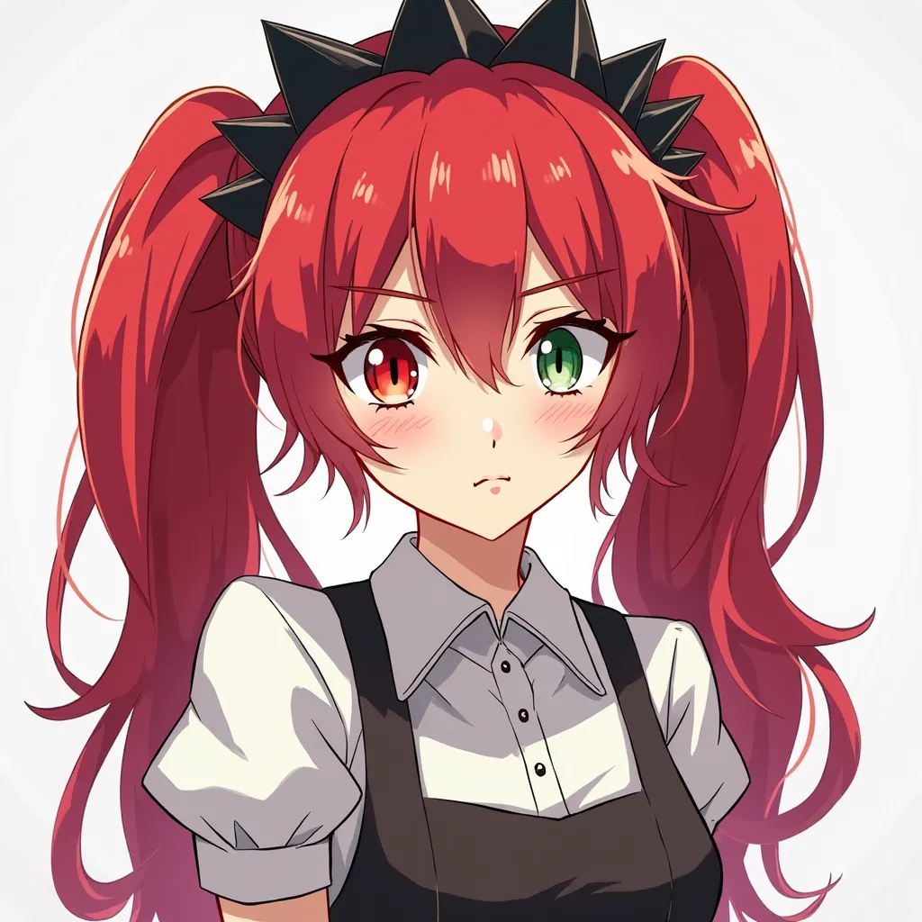 an anime-style female character. She has long, vibrant crimson-red hair styled in two high pigtails that extend past her shoulders. Her skin is light in tone. One eye is depicted as bright green, while the other is a striking red, both with vertical slits ...