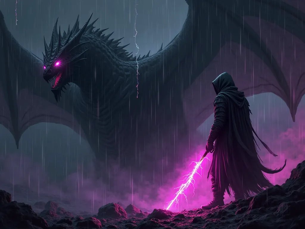 A dark and epic fantasy scene with a completely black background (1920x1080 px). On the right side of the image, a hooded warrior appears as a shadowy silhouette, holding a glowing staff that emits neon pink and purple lightning energy. Behind him, a massi...