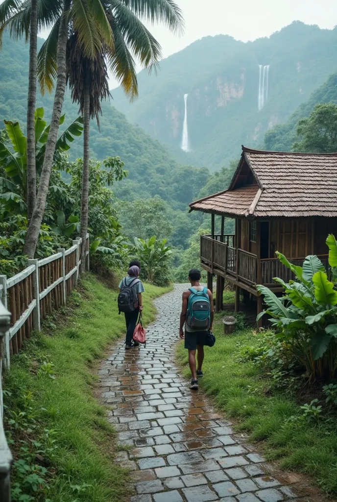 epic photography style  , A winding road paved with square stones , with green grass and a white fence on the left right ,leads to a simple stilt house made of brown teak, with bamboo flooring and tile roof , around a banana tree  , a young man in shoes is...