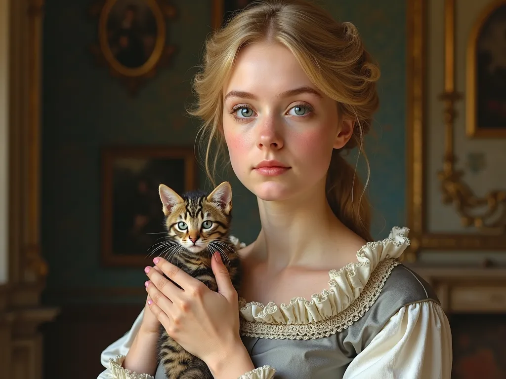 Create an image of the composer Élisabeth Jacquet De la Guerre,holding a kitten ,Her appearance Make it ultra realistic and beautiful , with light blue eyes  , blond hair ,In the photo she is 22 years old,And create a beautiful and classic setting behind h...