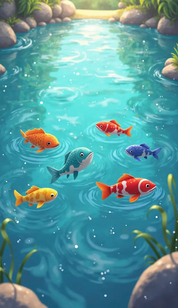 An animated, whimsical lake with crystal-clear water, revealing a group of colorful fish neatly lined up beneath the surface. The fish are vibrant and varied in shape, size, and color, including shades of blue, red, yellow, and orange. The water has a gent...