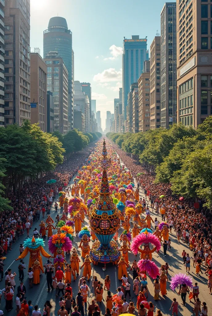 A panoramic view of Avenida Paulista in São Paulo filled with people celebrating a parade of 2 carnival floats in Brazil