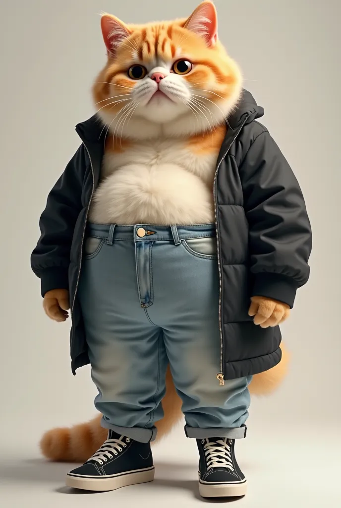 A cute fat giant cat dressed in clear and loose jeans, Without a sweater with an open black coat and some black sneakers 