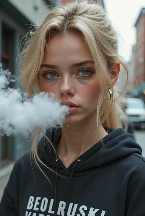  a blonde girl with blue eyes, vapes and releases a lot of smoke from her mouth, also add an inscription to her BELORUSKI VAPER clothes