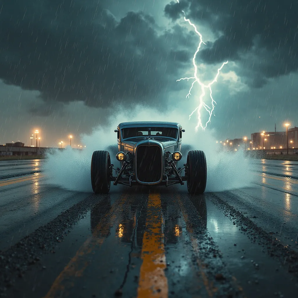 Hotrod in the midst of a storm on the runway