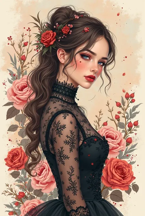 A highly detailed digital illustration of a stylish, , featuring floral and literary-themed designs. The background has a watercolor effect with soft pastel tones, rose flowers, and artistic ink splatters. ' The aesthetic is a fusion of gothic, bohemian, a...