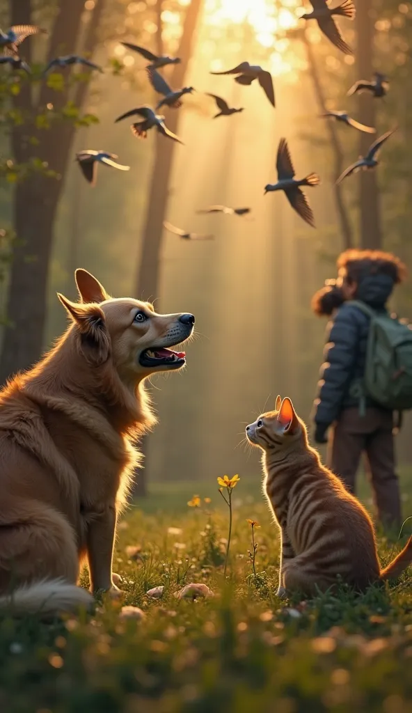 "A highly detailed and ultra-realistic 8K image of a dog barking and staring intently at a person, trying to warn them of danger. The dog's ears are perked up, tail stiff, and eyes wide with urgency. In the background, a cat arches its back, signaling unea...