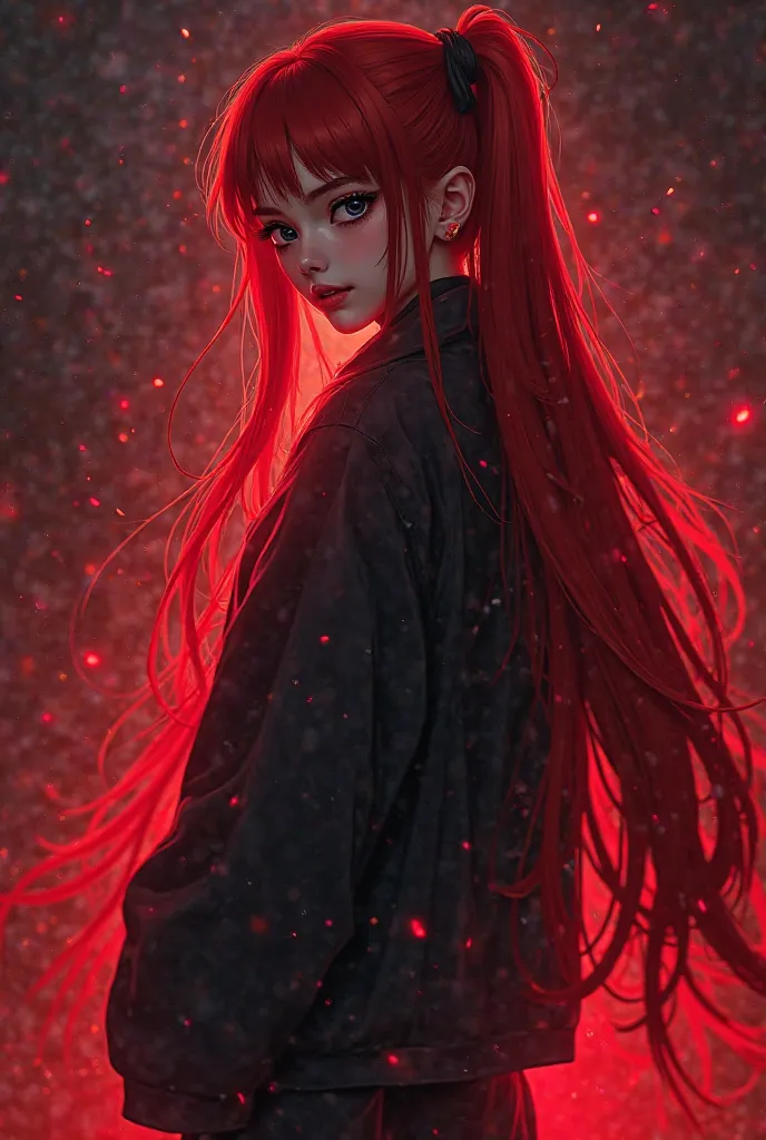 girl with long hair red as blood, Black eyes shine like white stars. There is no color other than black, hair tied on both sides, wears wide pants and anime jacket,  imaginary scene , High quality details, professional effects,  Environmental background , ...