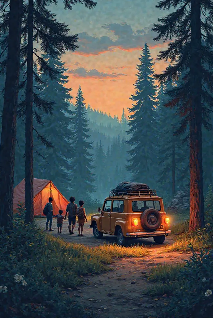 The family car pulls up to the campsite as darkness sets in. The campsite is quiet, and the family prepares to unload.

 In summer in forest family camping trip
Father and mother  two boys one girl