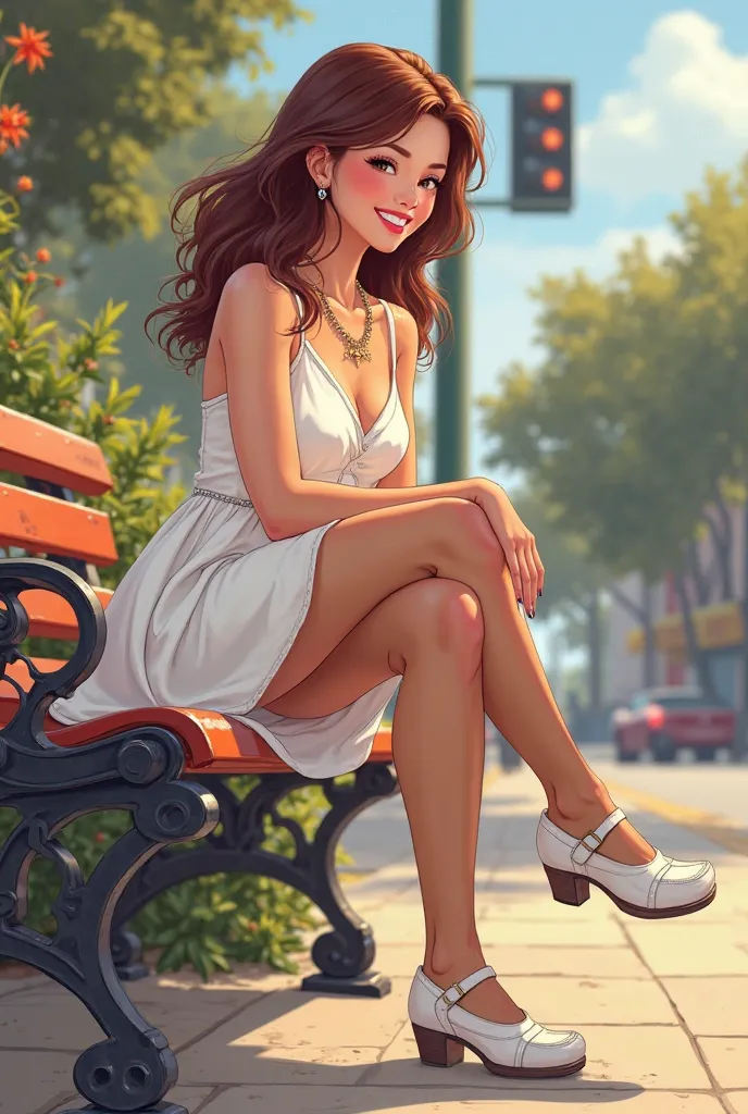 Tip: A very lovely  beautiful Asian American woman being happy alone on a bench in Downtown San Diego in the sun… The illustration is a high definition illustration with 4k resolution., with highly detailed facial features and cartoon style visuals, white ...