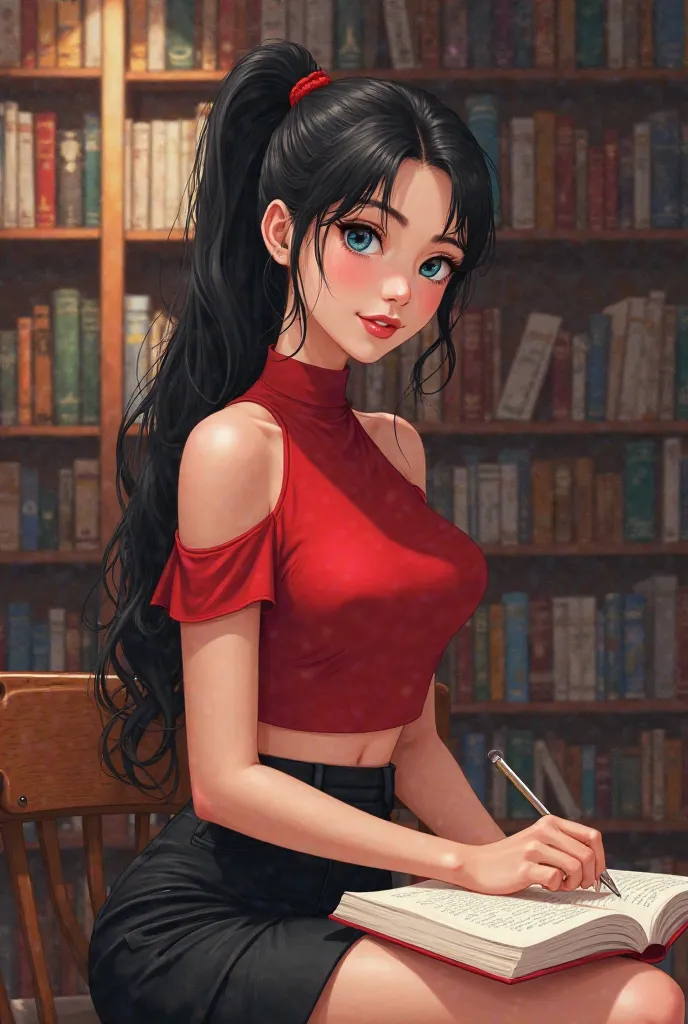 

Create a semi realistic illustrated character profile for a 22-year-old university student named Mia. She is a strikingly beautiful young woman with long, waist-length black hair styled in a half-tie ponytail. Mia is wearing a classy yet elegant red crop...