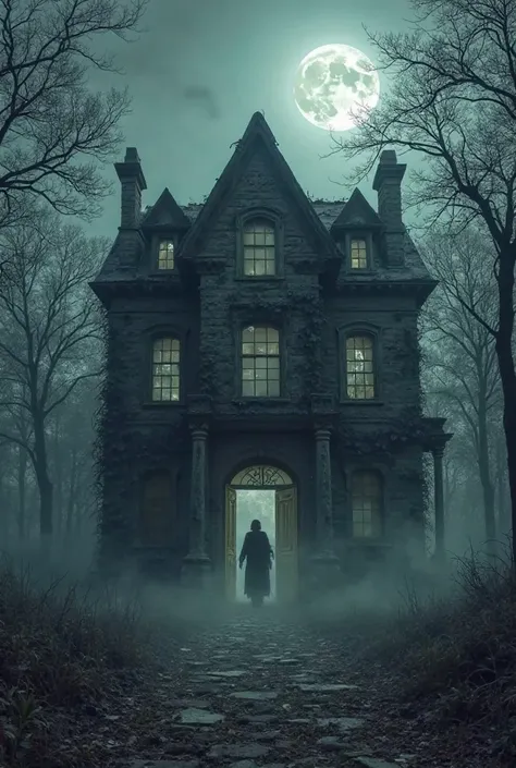 "A dark, abandoned mansion stands alone in a desolate landscape, surrounded by a dense, foggy forest. The full moon casts an eerie glow, illuminating broken windows and crumbling walls. Thick vines creep up the sides of the decaying structure, and the air ...