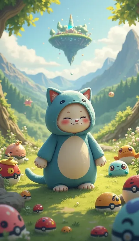 In the center of the scene, a small, fluffy kitten wears a cozy, oversized Snorlax-inspired onesie. The onesie is soft and round, featuring a plush belly and tiny paw-like mittens, giving the kitten a chubby and relaxed appearance. The hood of the onesie f...