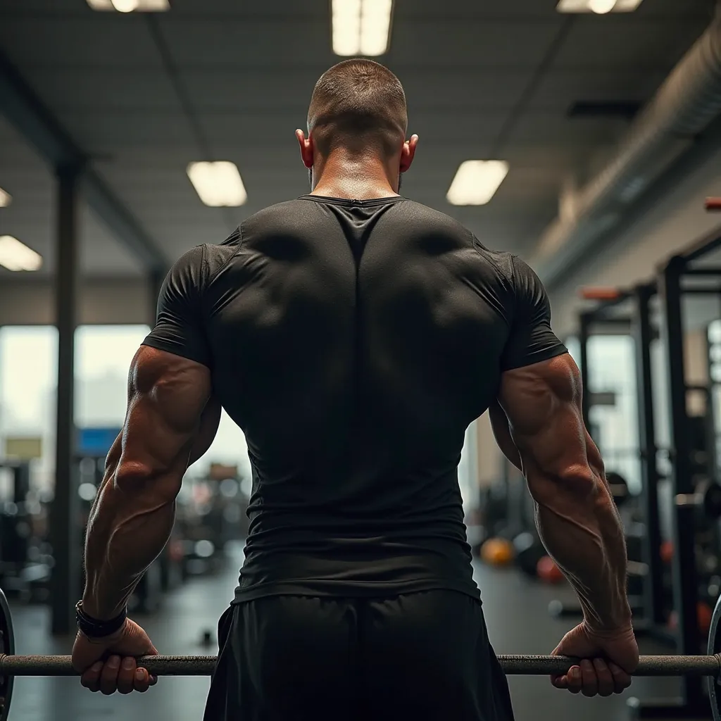 CREATE AN IMAGE OF A MAN WITH HIS BACK DOING WEIGHT TRAINING AT A GYM WHILE WEARING A BLACK T-SHIRT
