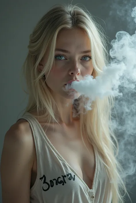  a blonde girl with blue eyes, vapes and releases a lot of smoke from behind the mouth, also add an inscription to her BELORUSKI VAPER clothes Be sure 