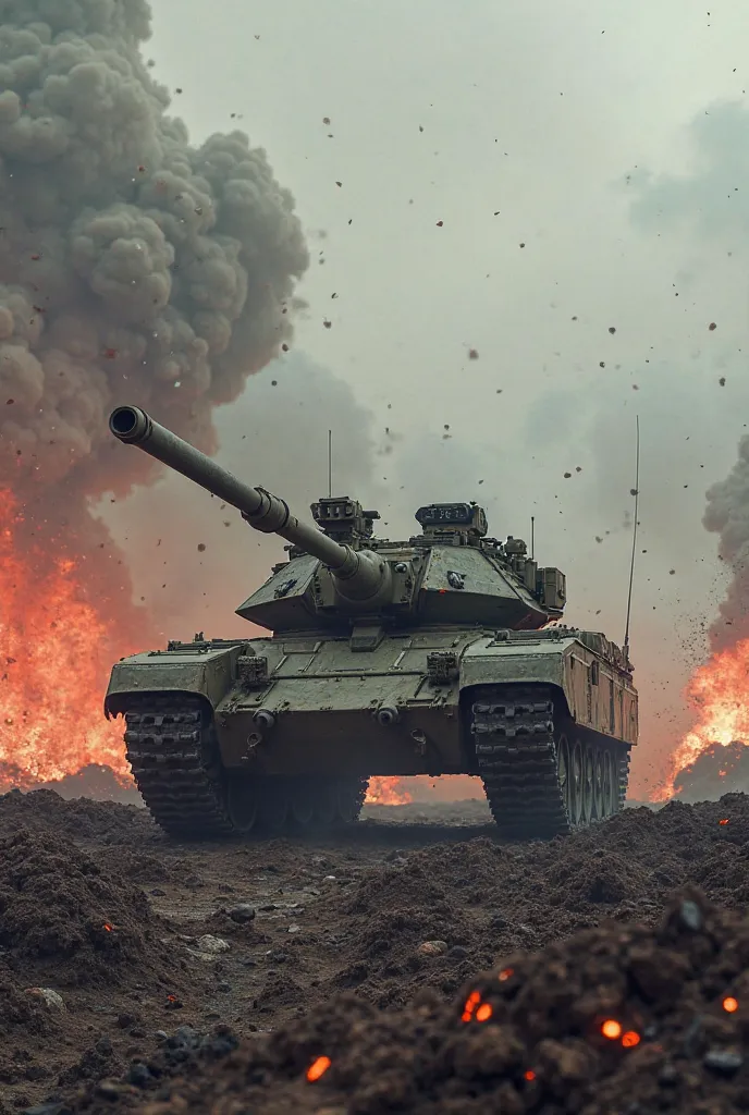 A tank on a battlefield, fumaroles, explosion.