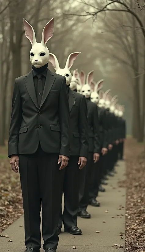 a surreal and eerie scene with a group of people dressed in dark, formal clothing, standing in a straight line on a pathway in a wooded area. Each person is wearing a white rabbit mask with elongated ears, giving them an unsettling, almost ritualistic appe...