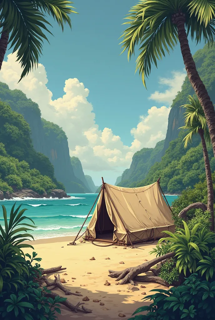 Image of a not very beautiful tent placed in the greenery of a deserted beach. 