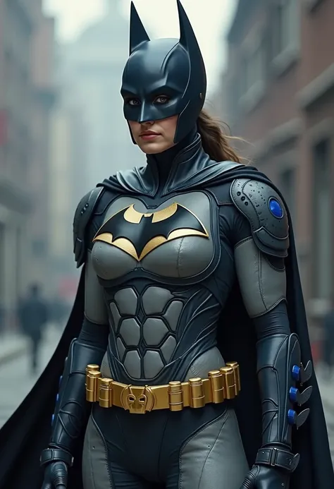 A woman isbwearing a Batsuit.it fuses technology and tradition, making Batman a symbol of fear and hope.

The cowl merges Bale’s silhouette with Affleck’s shorter ears for a refined menace.

Keaton’s design and Affleck’s proportions shape this modern yet r...