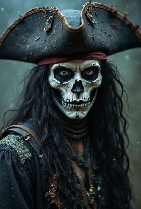 A dark and eerie pirate with realistic skull makeup on their face. They wear a worn and tattered pirate hat, with visible stitches and signs of decay. Their eyes are piercing and ghostly, a pale and unsettling color. Long, dark, and unkempt hair falls over...