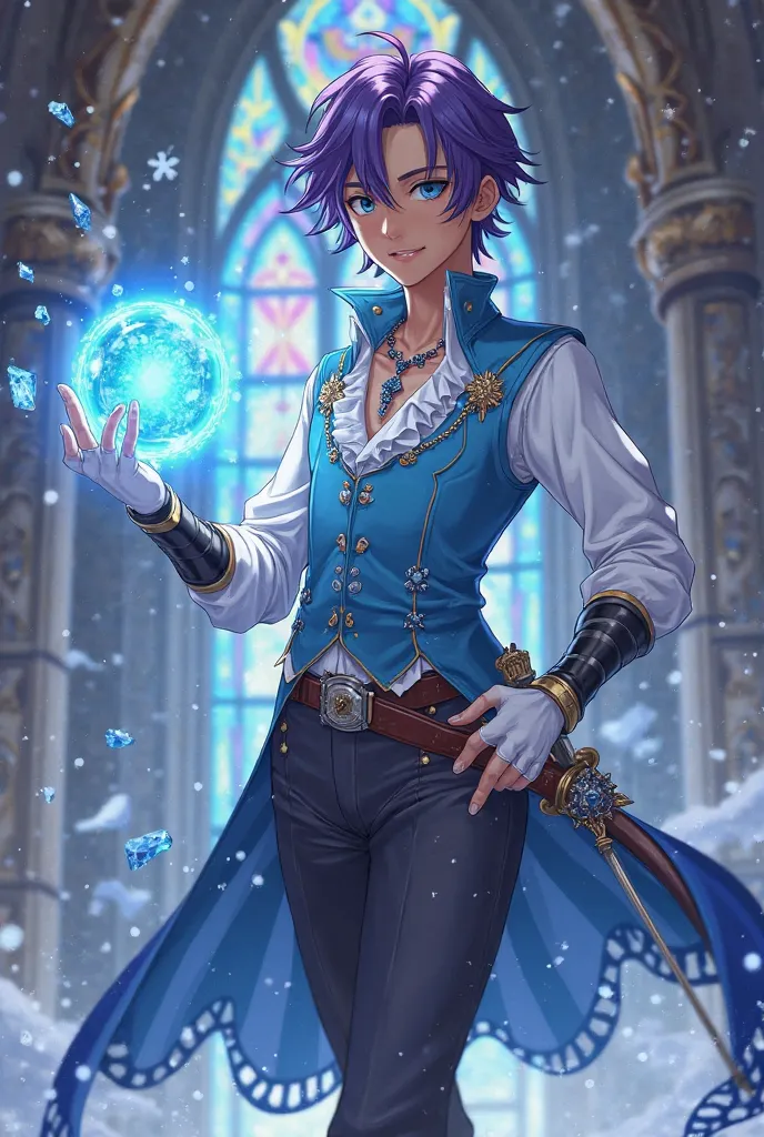 Create a 16-year-old wizard with radiant black skin, short and wavy violet hair, and bright, luminescent blue eyes. He wears a white blouse with a ruffle on the chest and puffy sleeves, a sky blue velvet vest with silver details and gold embroidery, dark f...