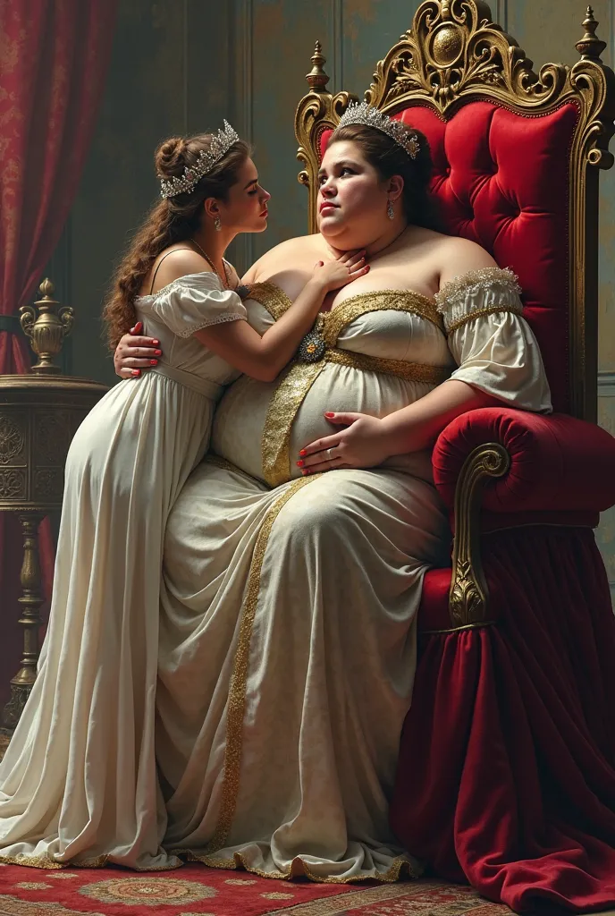 Fantasy, throne, throne room, 2 women,  1 obese woman, ssbbw, 1 slim woman, fat woman princess, fat woman sits on throne, princess, giantess, size difference, slim woman dressed as maid, hugging, kissing,