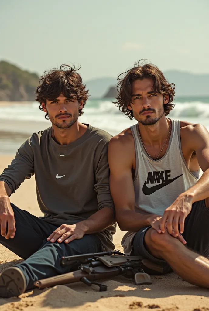 Two men in Nike with wavy hair sitting with rifle on the beach