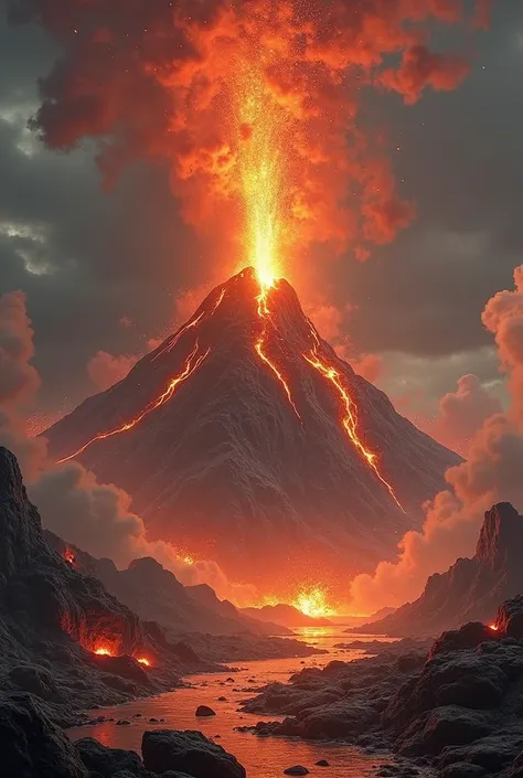 A large erupting volcano with lavas being spelled and firestones with the volcano's mouth in the spotlight