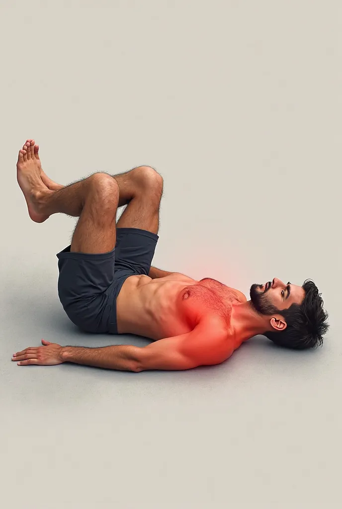 **"A medium-built man lying on his back on the floor, performing a leg raise exercise. His legs are slightly bent and lifted at a 45-degree angle, with his hands resting flat on the floor beside him. The abdominal muscles (rectus abdominis and obliques) ar...