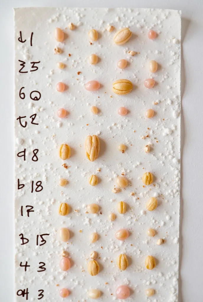 Generate an image of a germination test I need them not to be seen in a container, that there is a single germinated seed on the napkin instead of clusters, But let them be 100 seeds arranged in columns That do not have the number 100 written and that they...