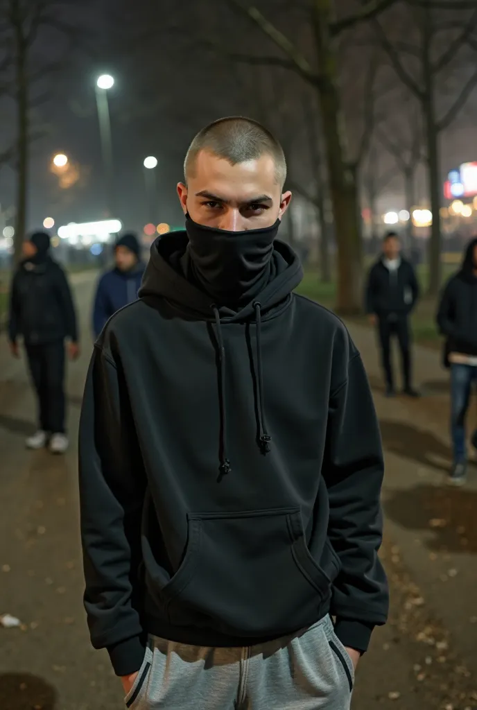 A blurry picture of a skinny, average built adolescent man with a buzzcut in a black hoodie and grey sweatpants, with a black scarf over his mouth, he has an agressive posture, the image is taken during a night out in a poorly lit and slightly messy park, ...