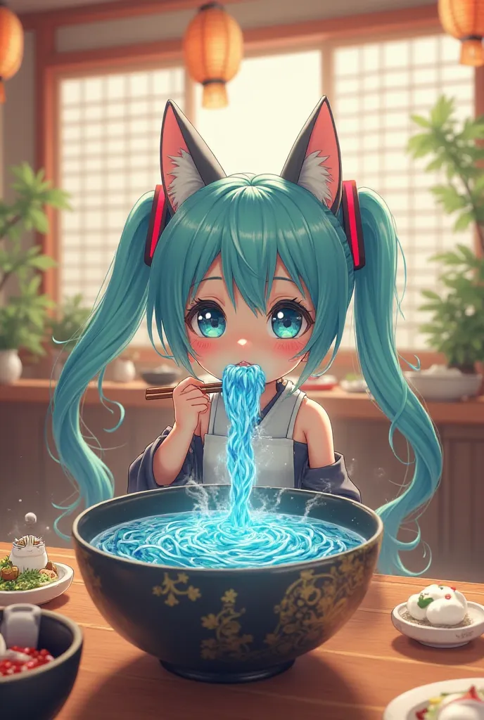 Hatsune miku cat ver, eating, blue ramen