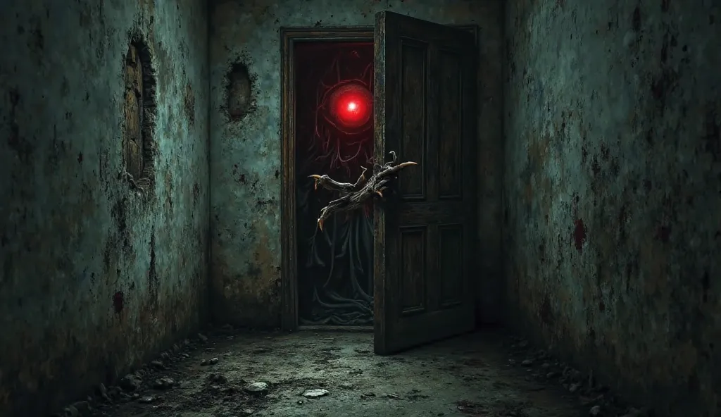 In the foreground you can see how a scary old door is between open, A terrifying hand with claws is coming out affirming the door and a terrifying red eye is watching from the inside,, The image has a very good contrast, The image is in a great quality , T...