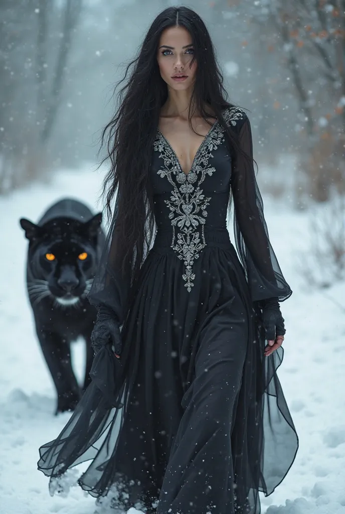 Create an ethereal scene featuring a woman with long, flowing black hair dressed in an elegant black outfit adorned with intricate silver embroidery. She walks confidently through a snowy landscape, accompanied by a fierce black panther with glowing orange...