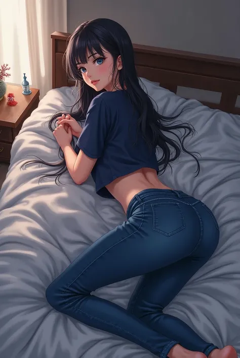 Anime girl wearing dark blue shirt and jeans laying down on bed with big ass and big thighs backside 