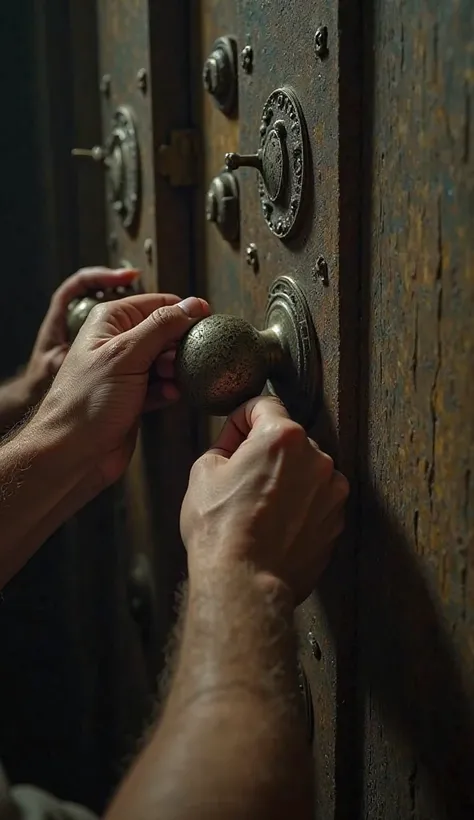 "An intense close-up shot of hands gripping the ancient door handle of the secret door, about to open it. The explorers' faces are filled with both fear and fascination, and the surrounding room feels heavy and mysterious."