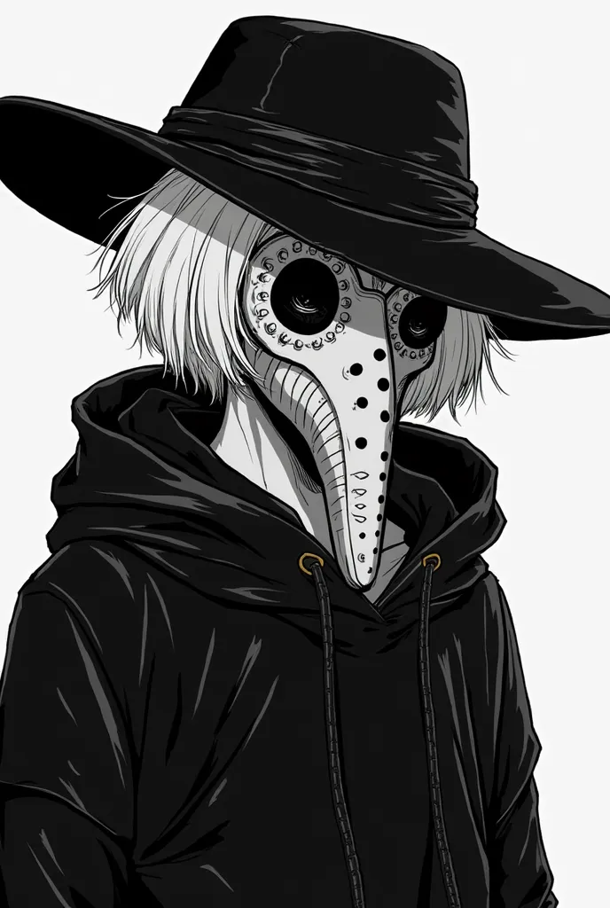 "Black and white art in manga style, portraying a mysterious character with short white hair and a detailed plague doctor mask, covering part of her face. He wears a dark hoodie and a wide-brimmed hat, creating a dark and enigmatic atmosphere.  The backgro...