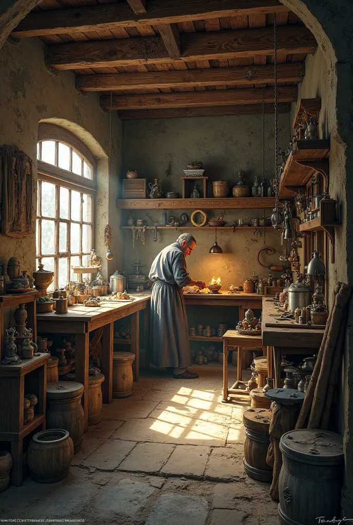 Make me an image of a small workshop taking place in an old environment, let a little   work in it and no one else