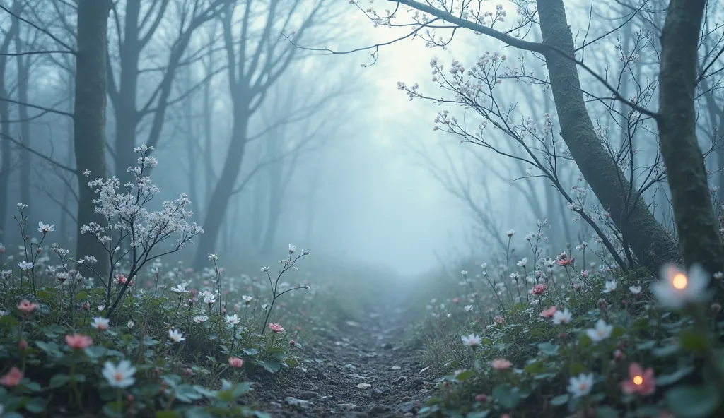 A photorealistic image of an early morning forest wrapped in a delicate layer of fog. Bare branches and blooming flowers emerge softly from the mist, droplets of condensation clinging to leaves and petals. The atmosphere feels cool and mysterious, suggesti...