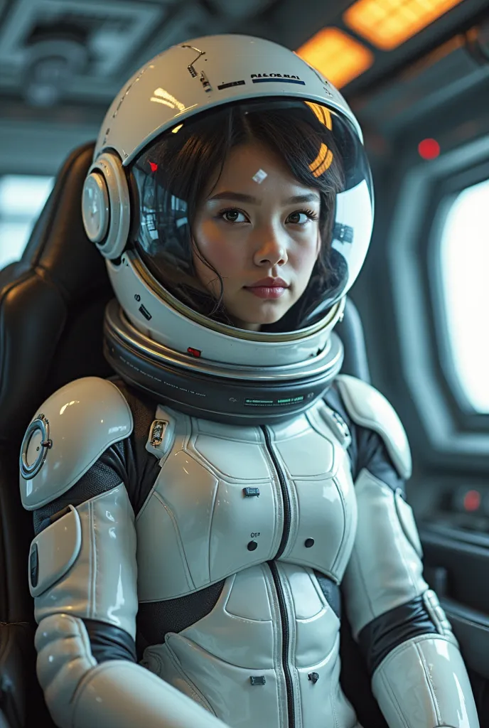 A  girl in a full-body enclosed, tight spacesuit with tubes connected to her helmet's Inner mask port which is opaque, while also connected to her breasts and info being displayed on her helmet's visor. While siting in a futuristic spaceship's cockpit.