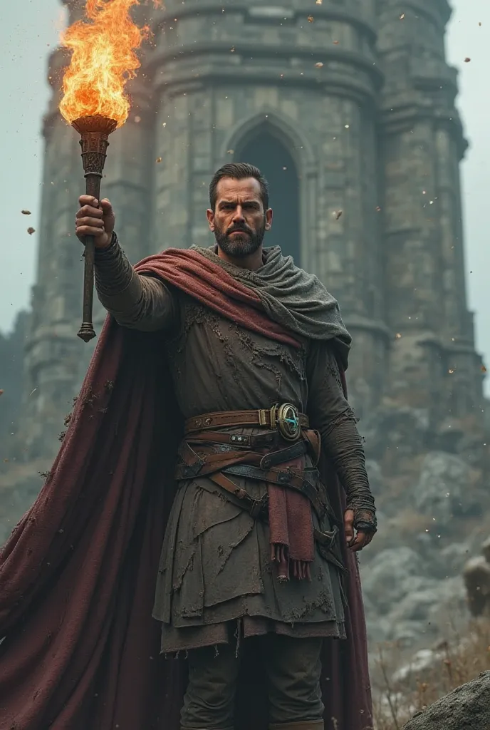 A hardened looking warrior, with a torn cape and a burning torch, standing in front of an ancient tower. The fire of the torch reflects his determination.