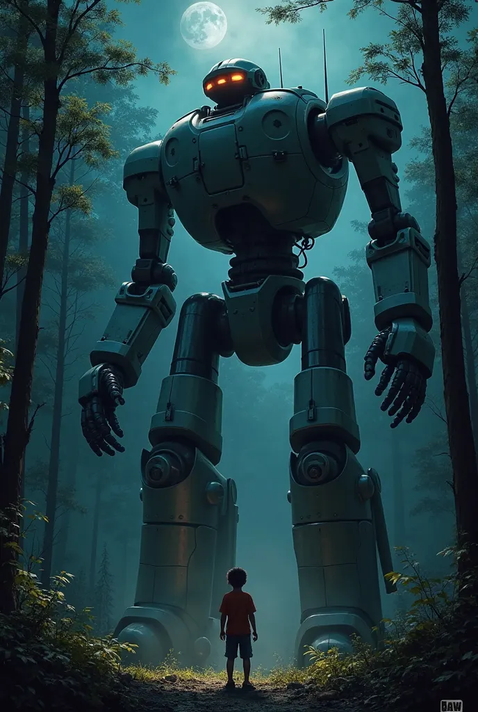 A giant humanoid robot robot lifted its leg to crush a frightened boy, in forest night, view from below