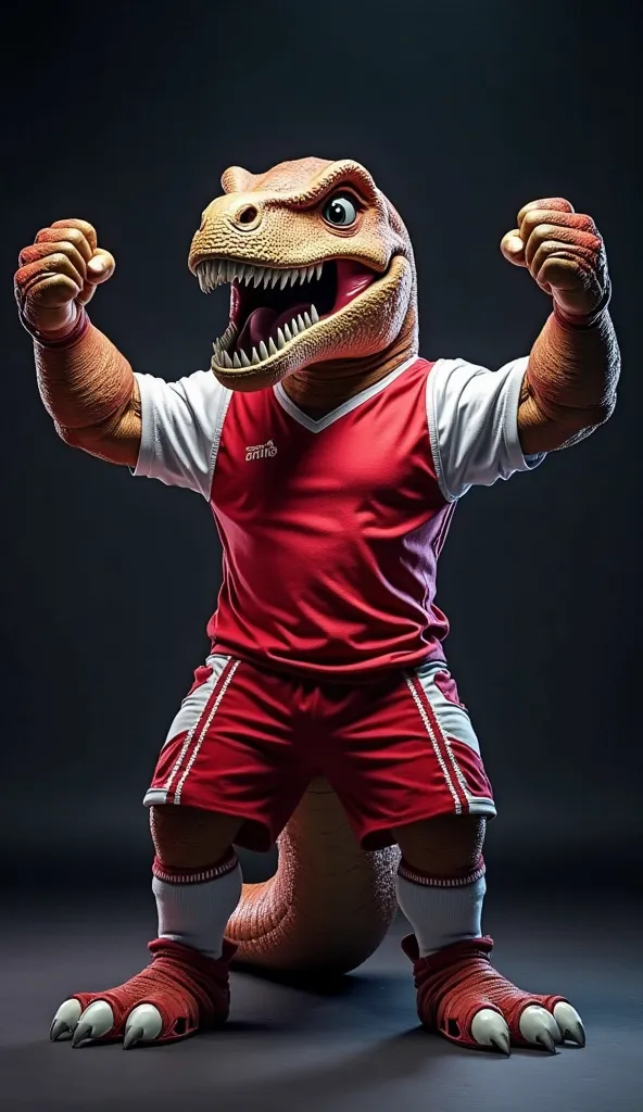 A powerful dinosaur mascot for an e-sports team, standing tall with arms wide open in a dominant pose. The dinosaur has an aggressive, fierce expression, showing determination and strength. It wears a red and white uniform: a red jersey with white sleeves,...