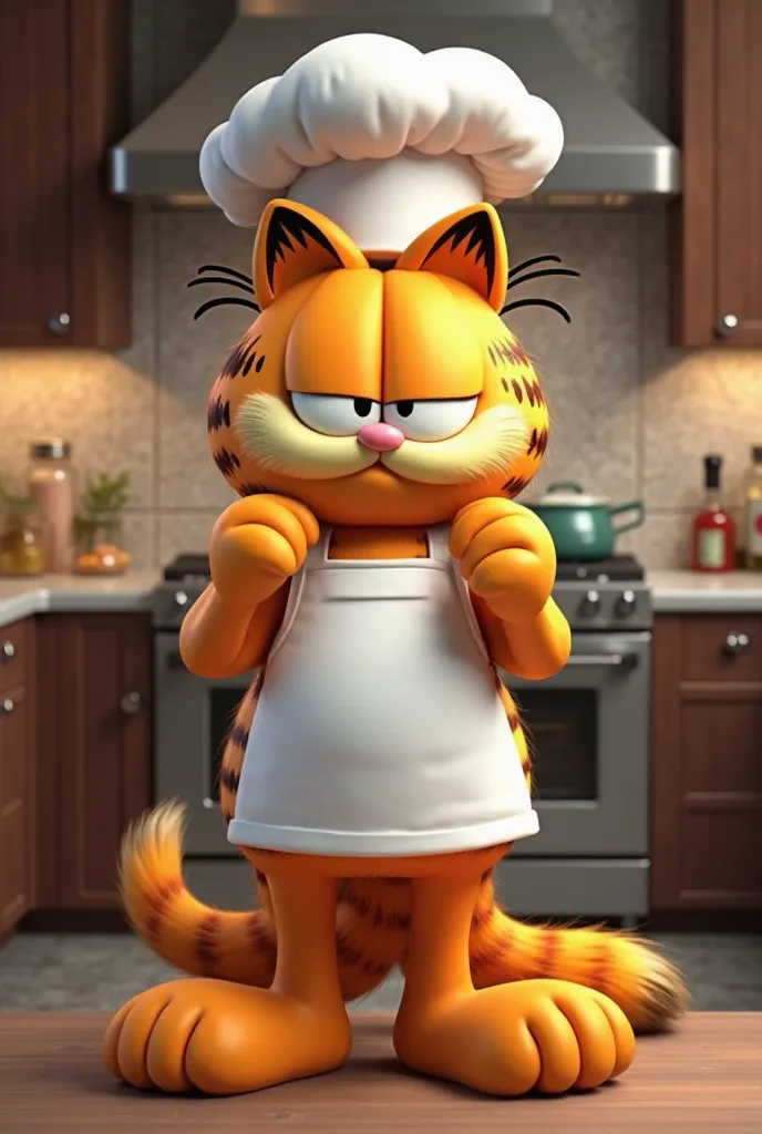 paws, resembling Garfield, is standing upright in a luxurious gourmet kitchen, wearing a chef’s hat and apron.