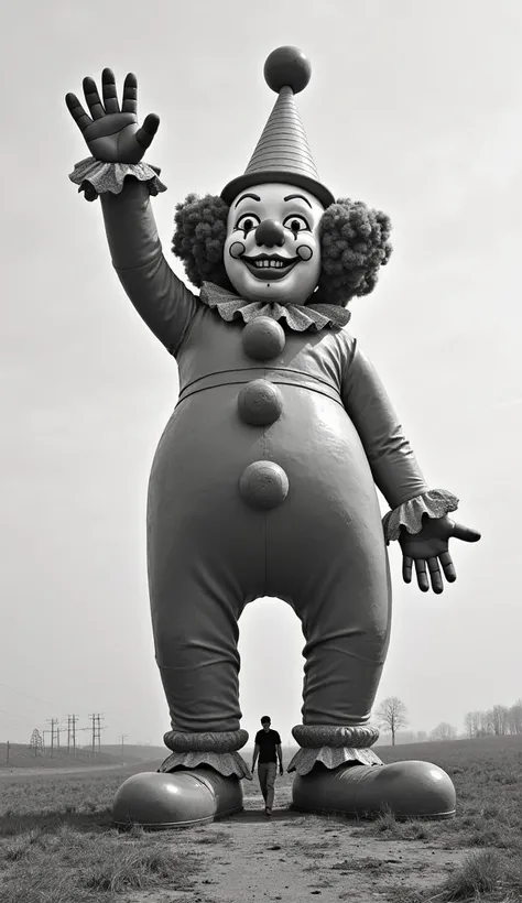 A surreal and eerie black-and-white photograph of a giant clown structure in an open field. The clown has an exaggerated, almost unsettlingly cheerful face with curly hair, large eyes, and a wide smile. It is dressed in a playful outfit with oversized shoe...