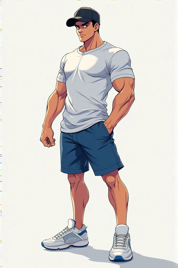 Help me create a male character, Do him with cropped hair, wearing white shirt,  shorts blue,  white sneakers and black cap , Do him with a strong stature, half muscular, do him with a serious face,  Make him in the anime style .