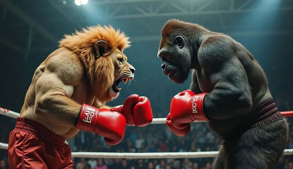 "A highly realistic and cinematic image of a professional boxing match between a real lion and a real gorilla inside a boxing ring. The gorilla, wearing bright red boxing gloves, is hunched over in pain after taking a devastating punch to the stomach from ...