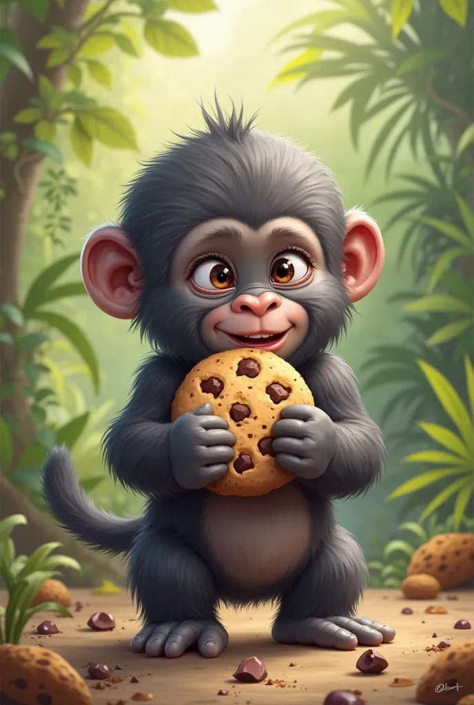 A gorilla bb with a chocolate chip cookie in his hand