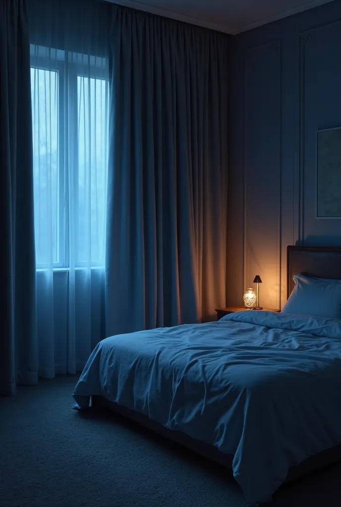 Bedroom, there is a large bed in the right corner.  twilight. On the left side of the , window, faint blue light makes its way through the thick expensive curtains