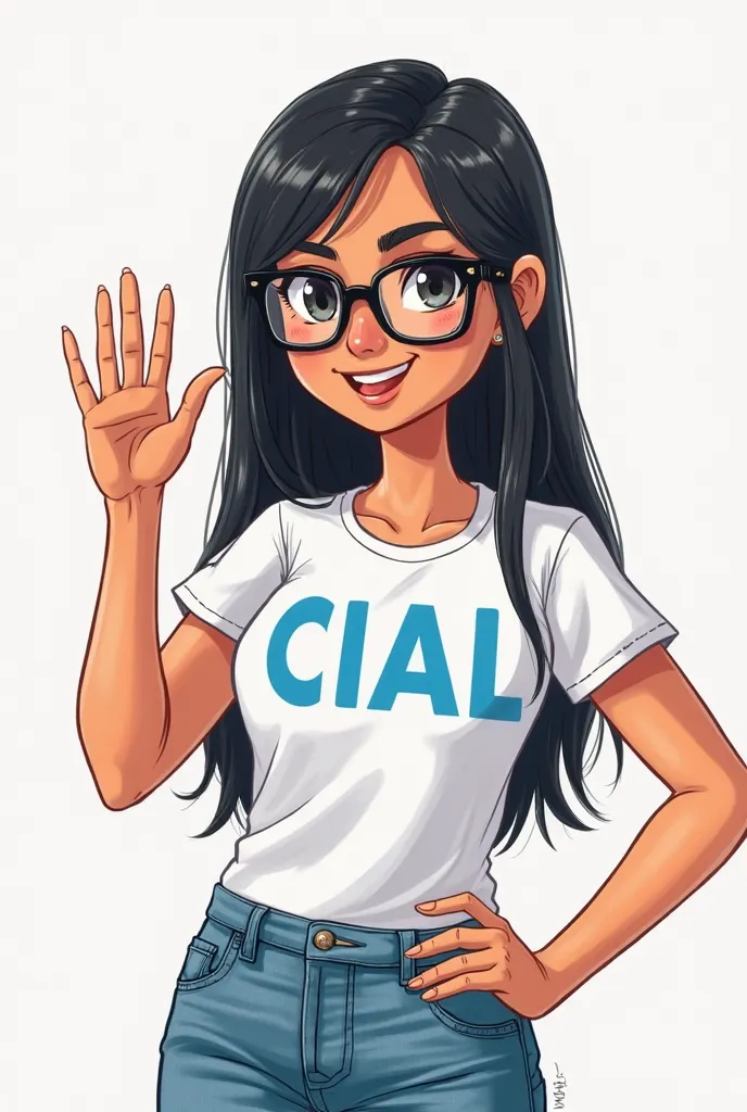 a Latin girl with straight hair and glasses who is an ambassador for the client. She must be standing with her hand on her waist and her hand on high five, There must be an inviting expression of let's solve your problem. Your hair should be black and your...